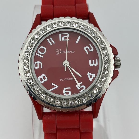 Geneva Platinum Watch Women 38mm Case Red Silicone Band- New Battery - Picture 1 of 9